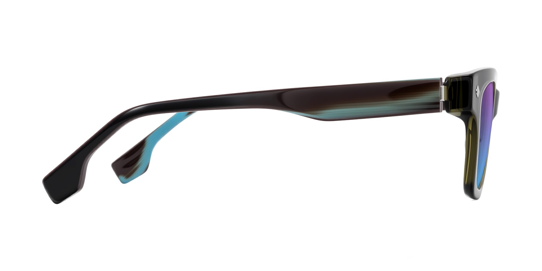 Side of Jensen in Moss Green/Light Blue Striped with Purple / Blue Gradient Lenses