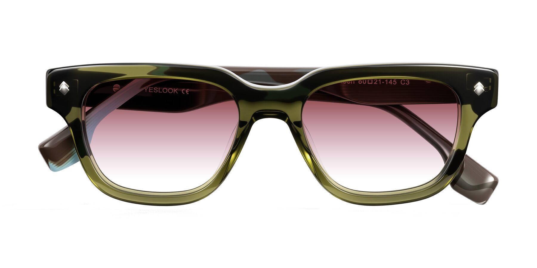 Folded Front of Jensen in Moss Green/Light Blue Striped with Garnet Gradient Lenses