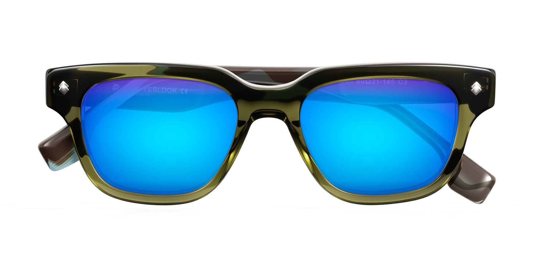 Folded Front of Jensen in Moss Green/Light Blue Striped with Blue Mirrored Lenses