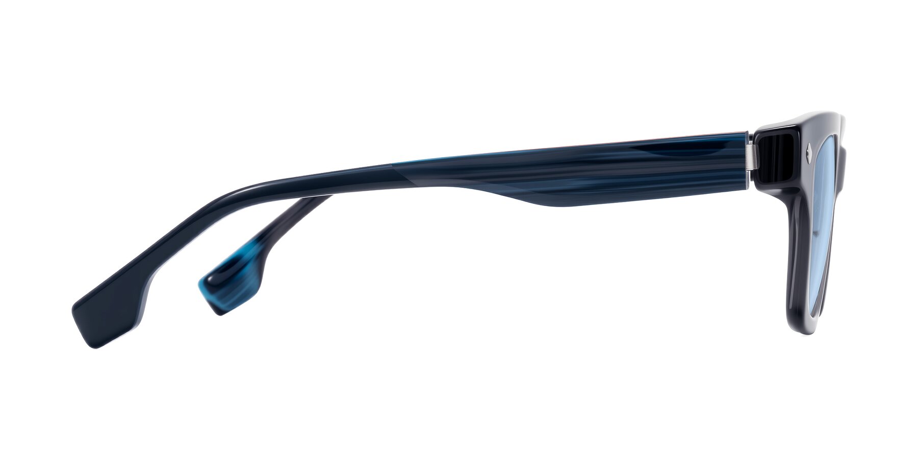 Side of Jensen in Gray/Blue Striped with Light Blue Tinted Lenses