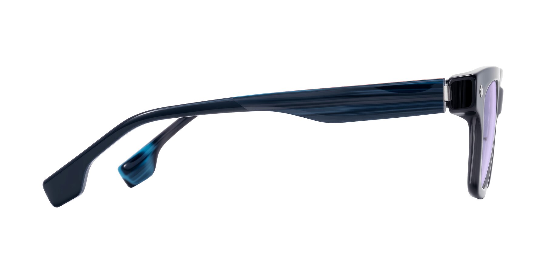 Side of Jensen in Gray/Blue Striped with Light Purple Tinted Lenses