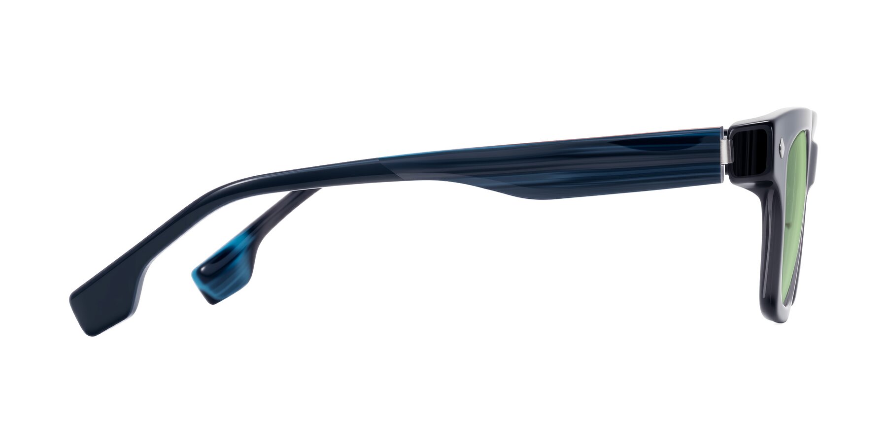 Side of Jensen in Gray/Blue Striped with Medium Green Tinted Lenses