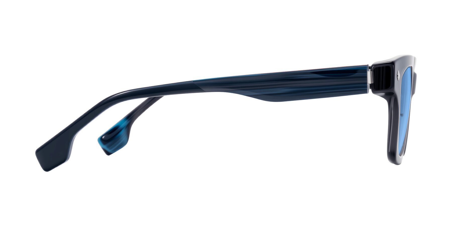 Side of Jensen in Gray/Blue Striped with Medium Blue Tinted Lenses