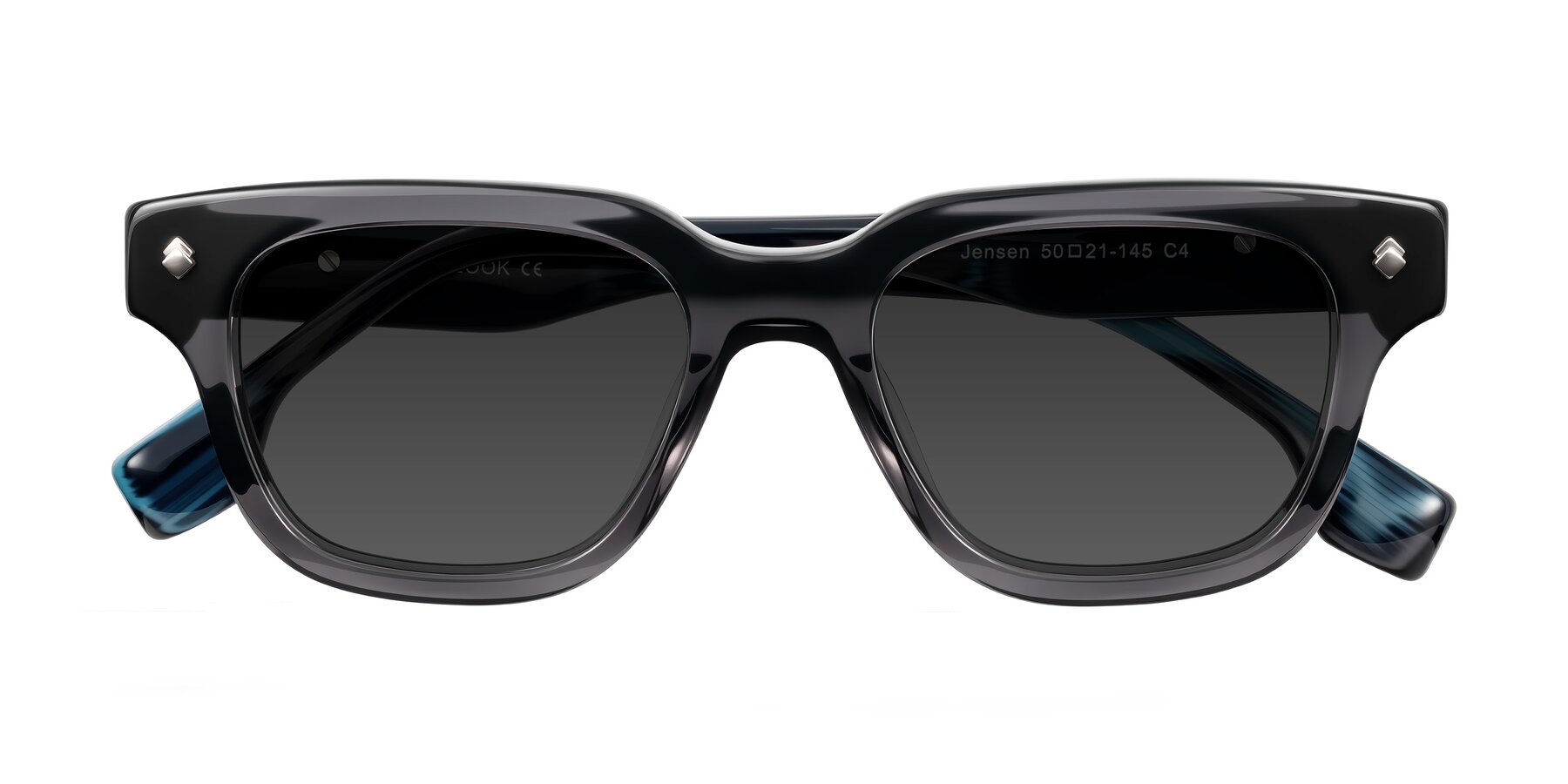 Folded Front of Jensen in Gray/Blue Striped with Gray Tinted Lenses