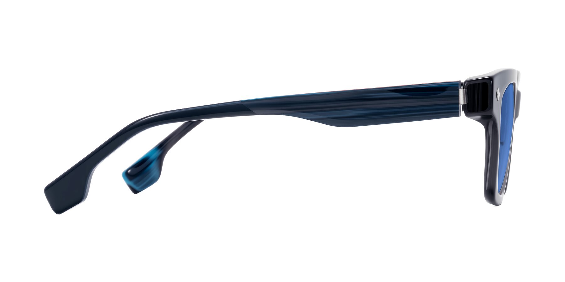 Side of Jensen in Gray/Blue Striped with Blue Tinted Lenses