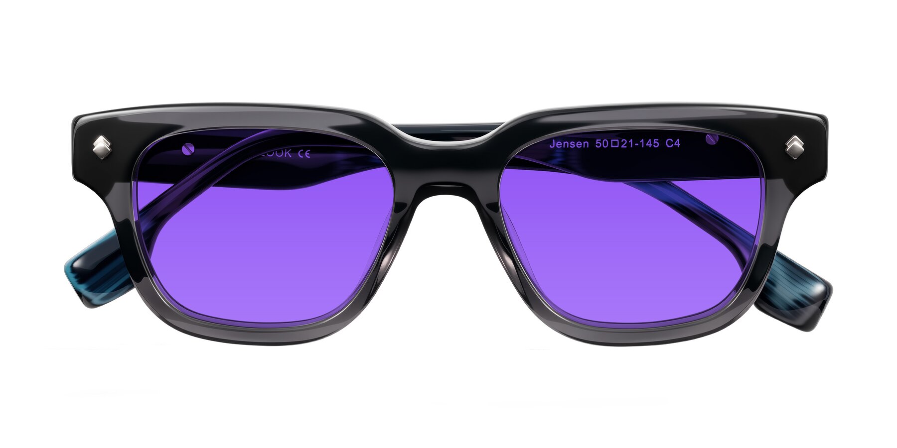 Folded Front of Jensen in Gray/Blue Striped with Purple Tinted Lenses