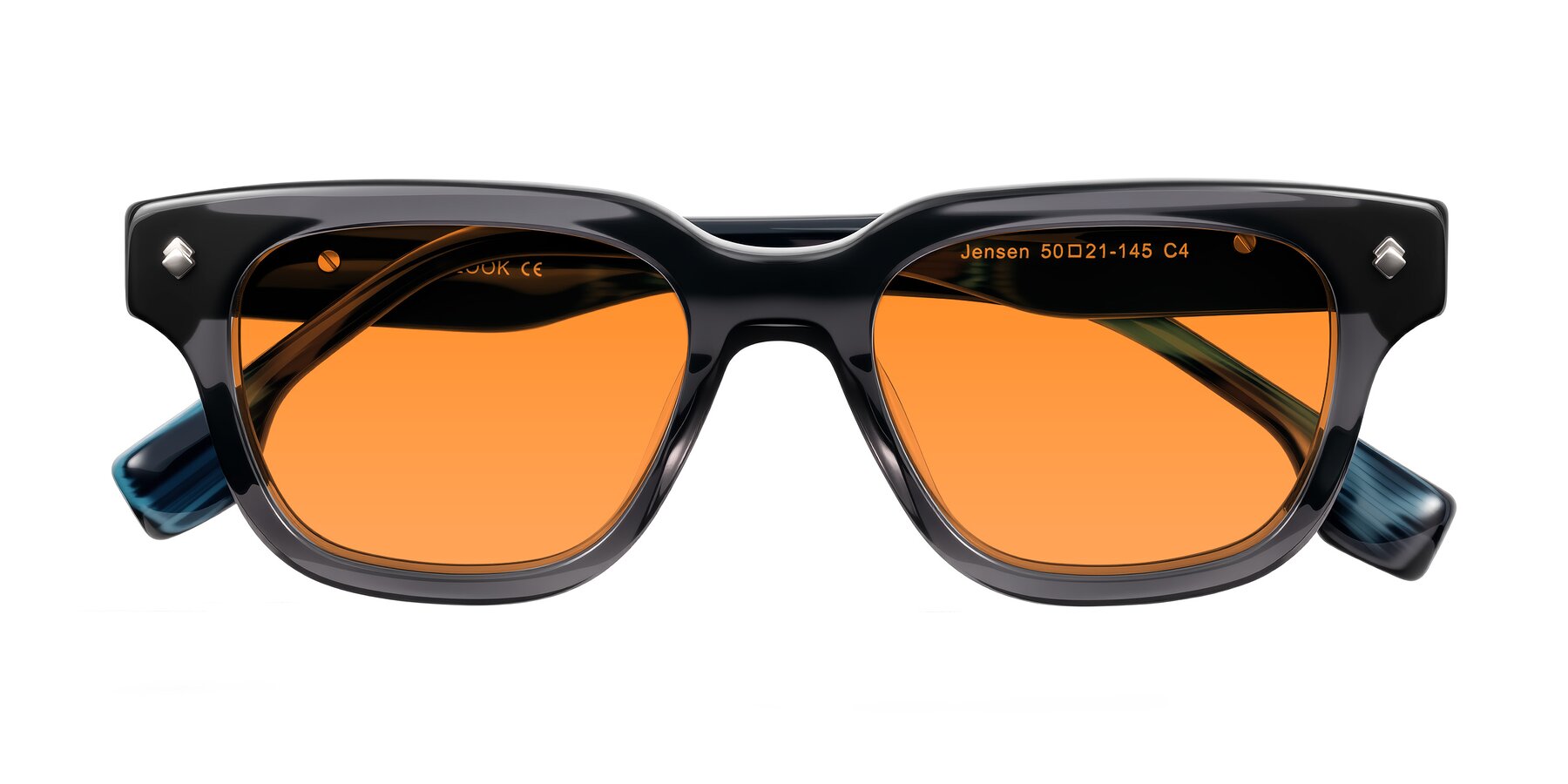 Folded Front of Jensen in Gray/Blue Striped with Orange Tinted Lenses