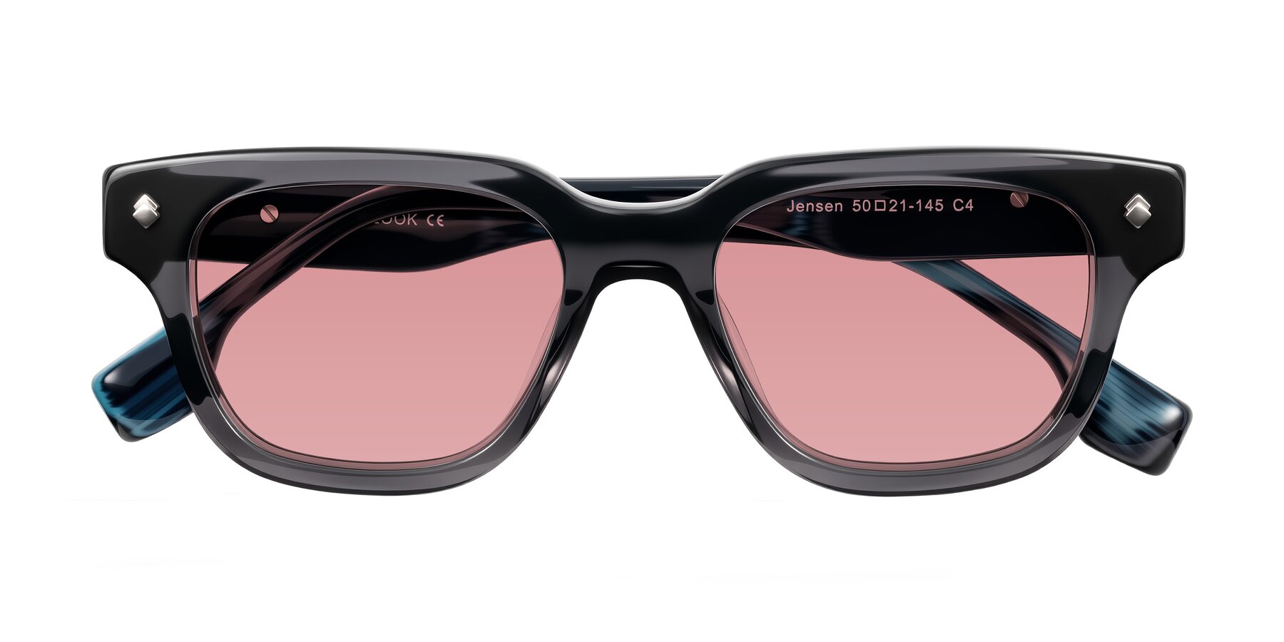 Folded Front of Jensen in Gray/Blue Striped with Medium Garnet Tinted Lenses