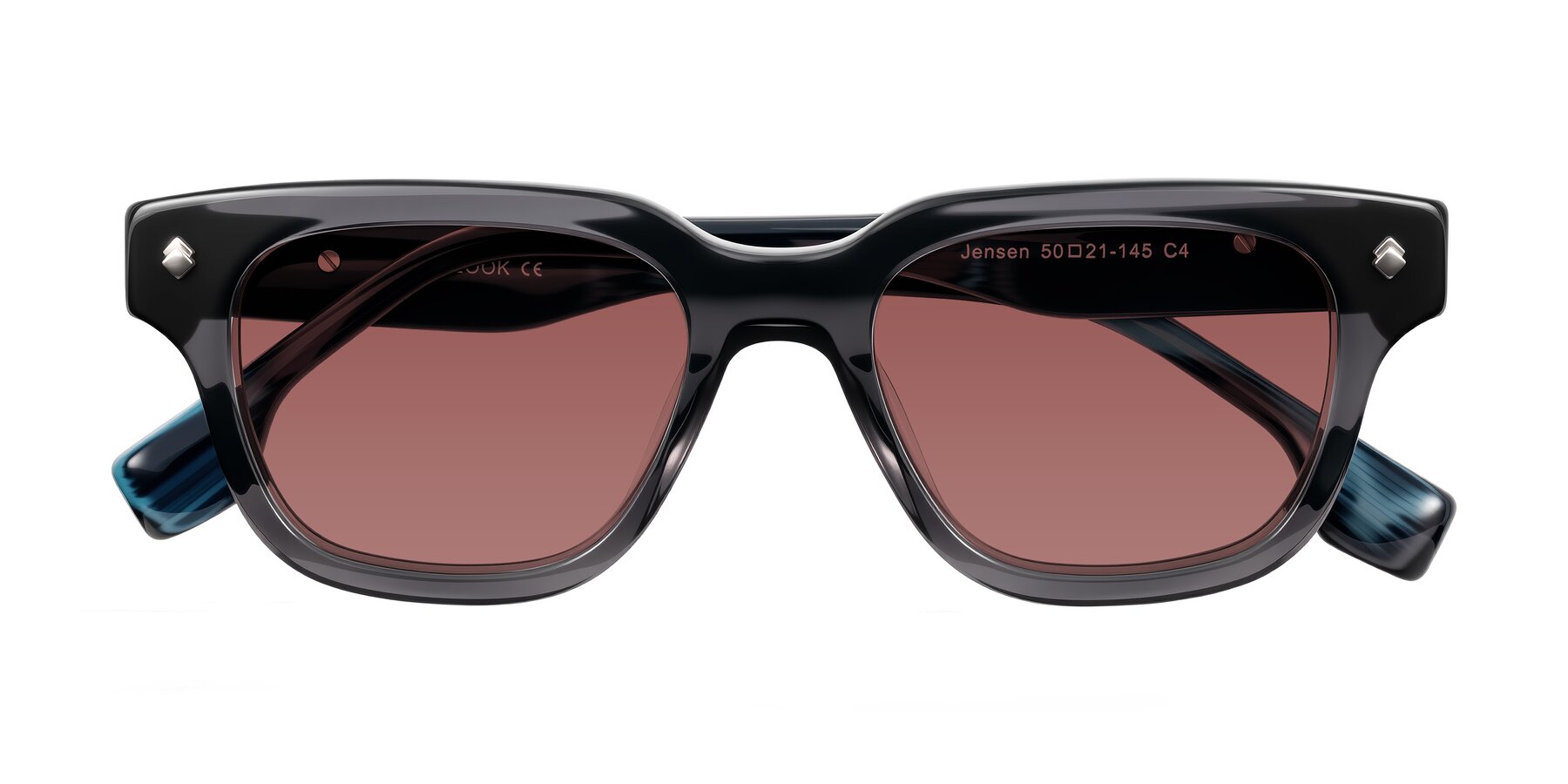 Folded Front of Jensen in Gray/Blue Striped with Garnet Tinted Lenses