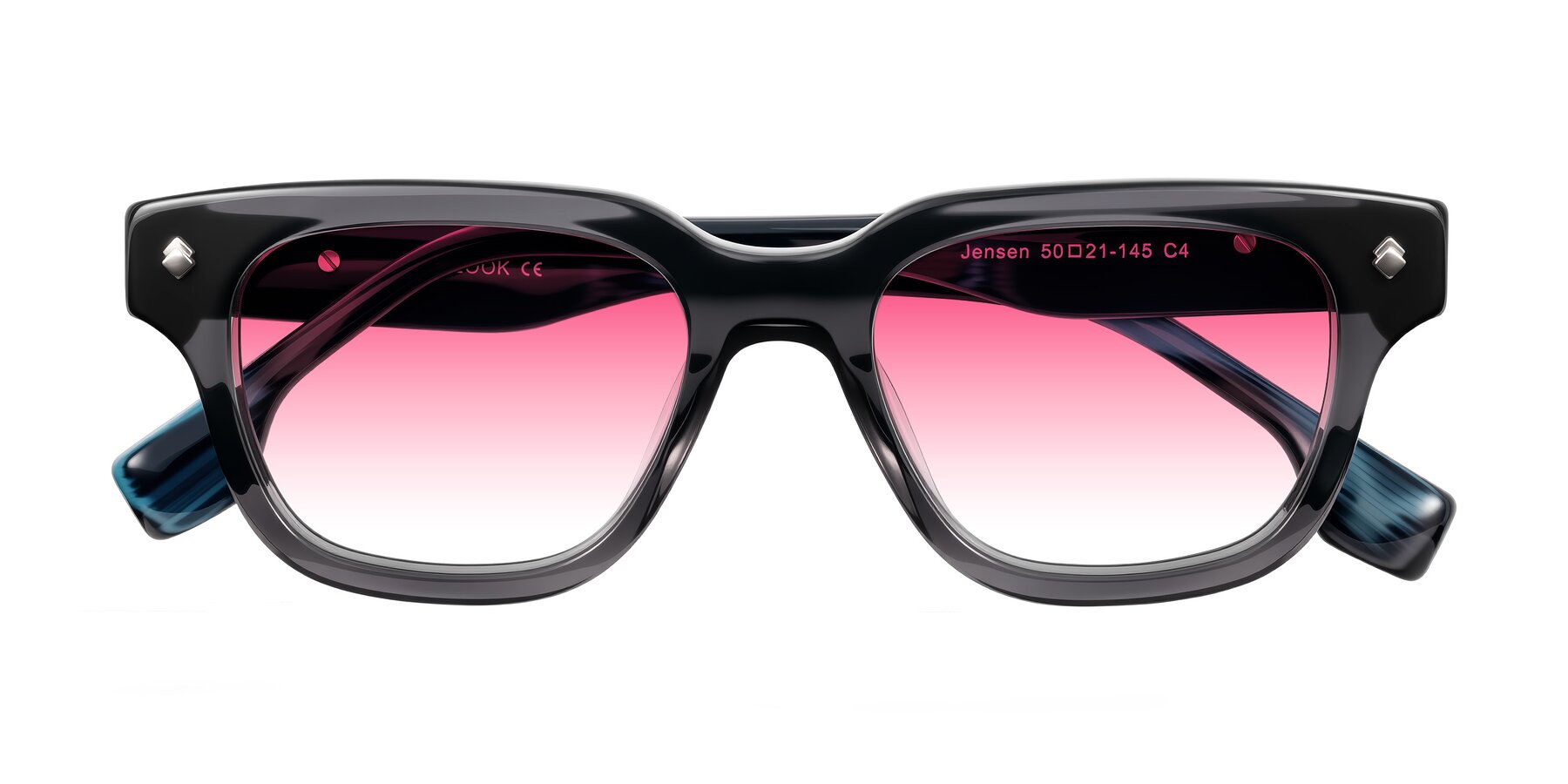 Folded Front of Jensen in Gray/Blue Striped with Pink Gradient Lenses