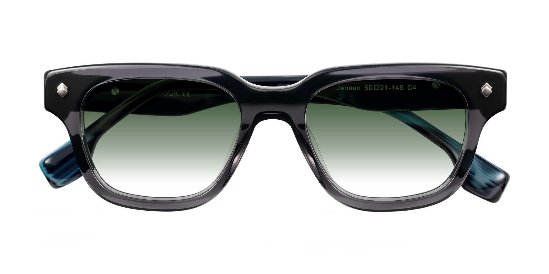 Folded Front of Jensen in Gray/Blue Striped with Green Gradient Lenses