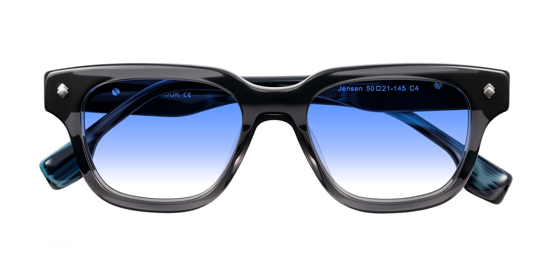 Folded Front of Jensen in Gray/Blue Striped with Blue Gradient Lenses