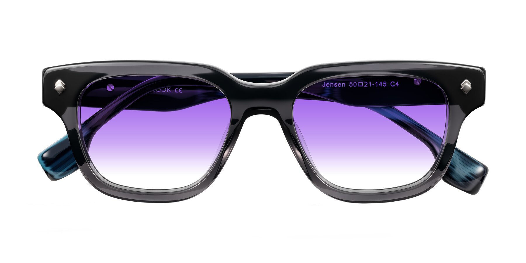 Folded Front of Jensen in Gray/Blue Striped with Purple Gradient Lenses