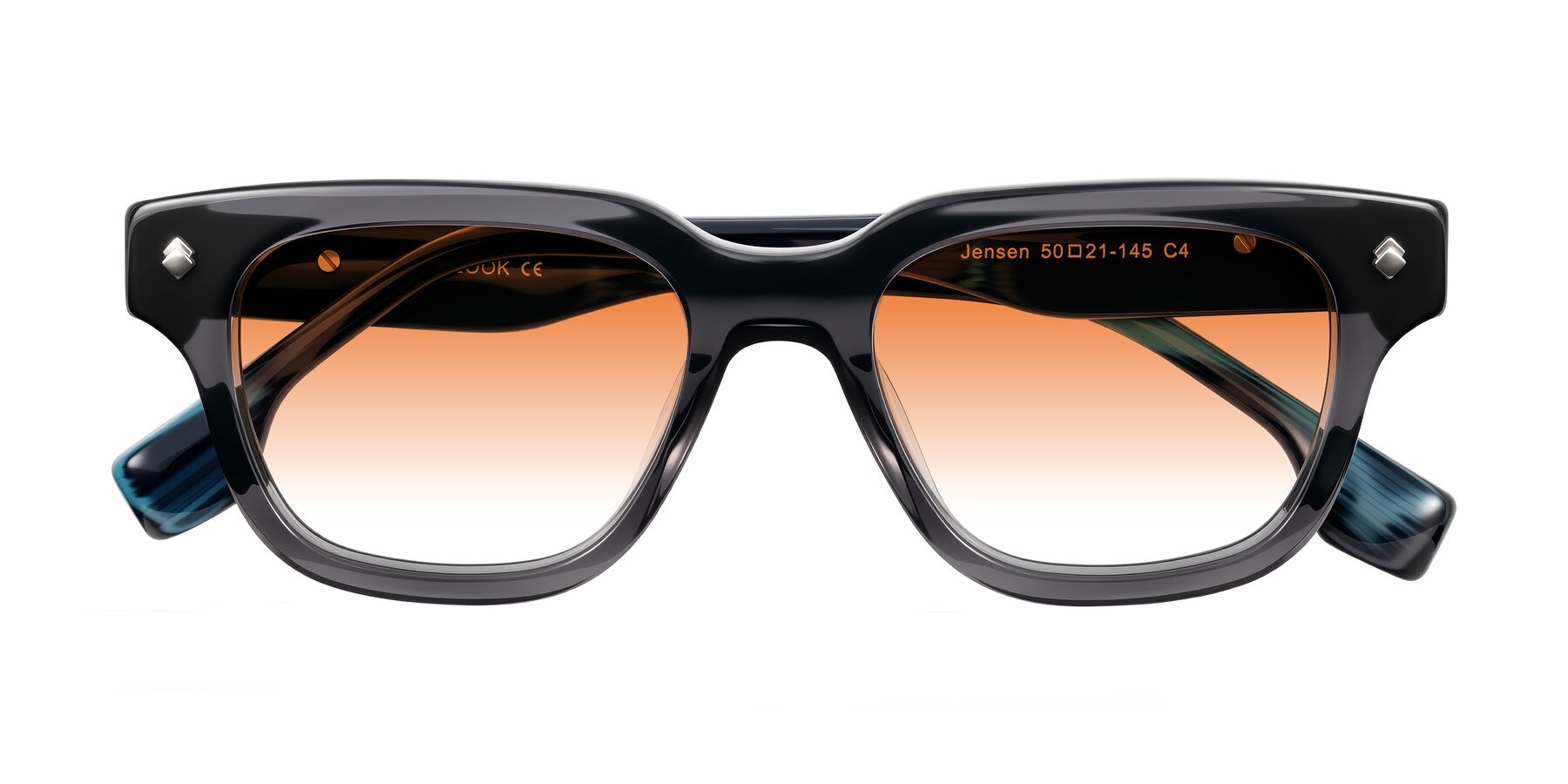 Folded Front of Jensen in Gray/Blue Striped with Orange Gradient Lenses