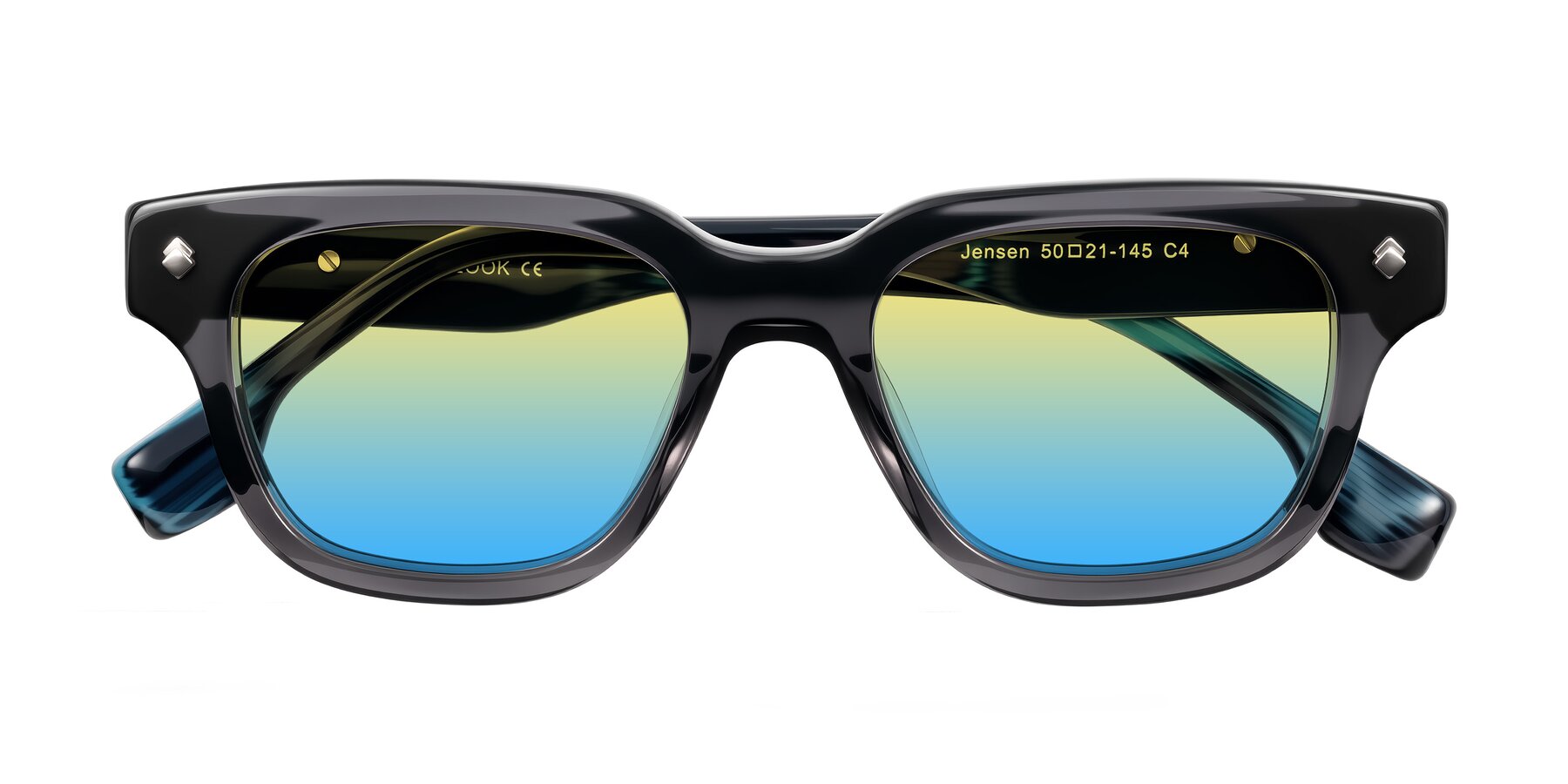 Folded Front of Jensen in Gray/Blue Striped with Yellow / Blue Gradient Lenses