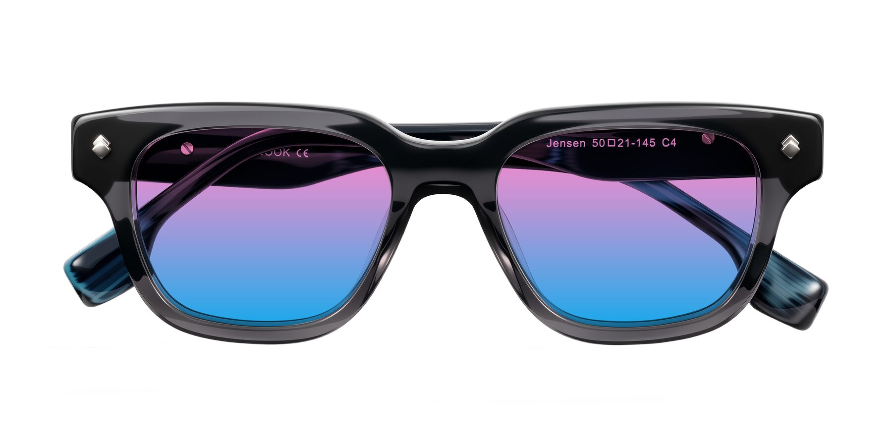 Folded Front of Jensen in Gray/Blue Striped with Pink / Blue Gradient Lenses