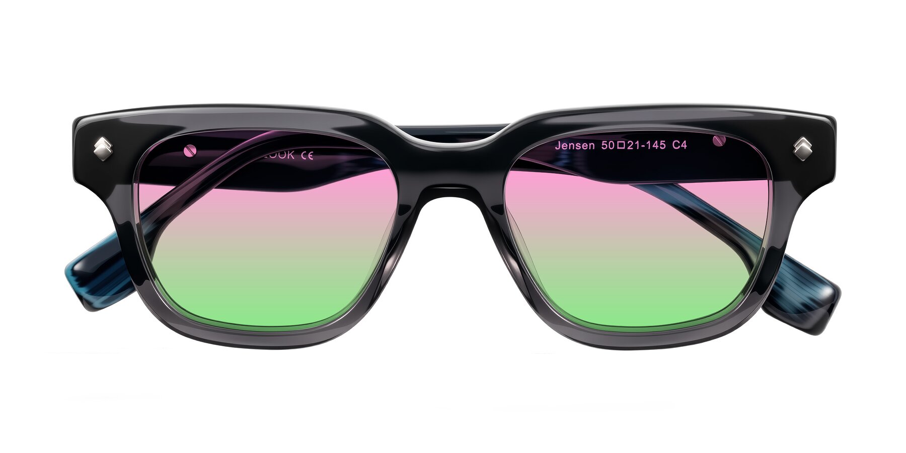 Folded Front of Jensen in Gray/Blue Striped with Pink / Green Gradient Lenses