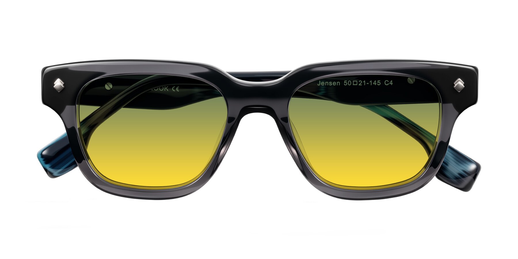 Folded Front of Jensen in Gray/Blue Striped with Green / Yellow Gradient Lenses