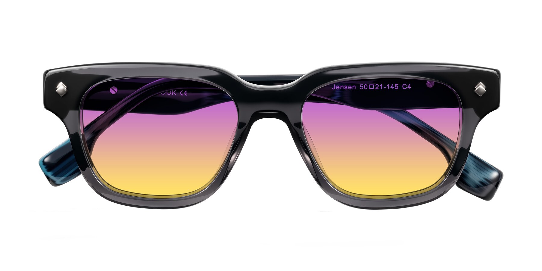Folded Front of Jensen in Gray/Blue Striped with Purple / Yellow Gradient Lenses
