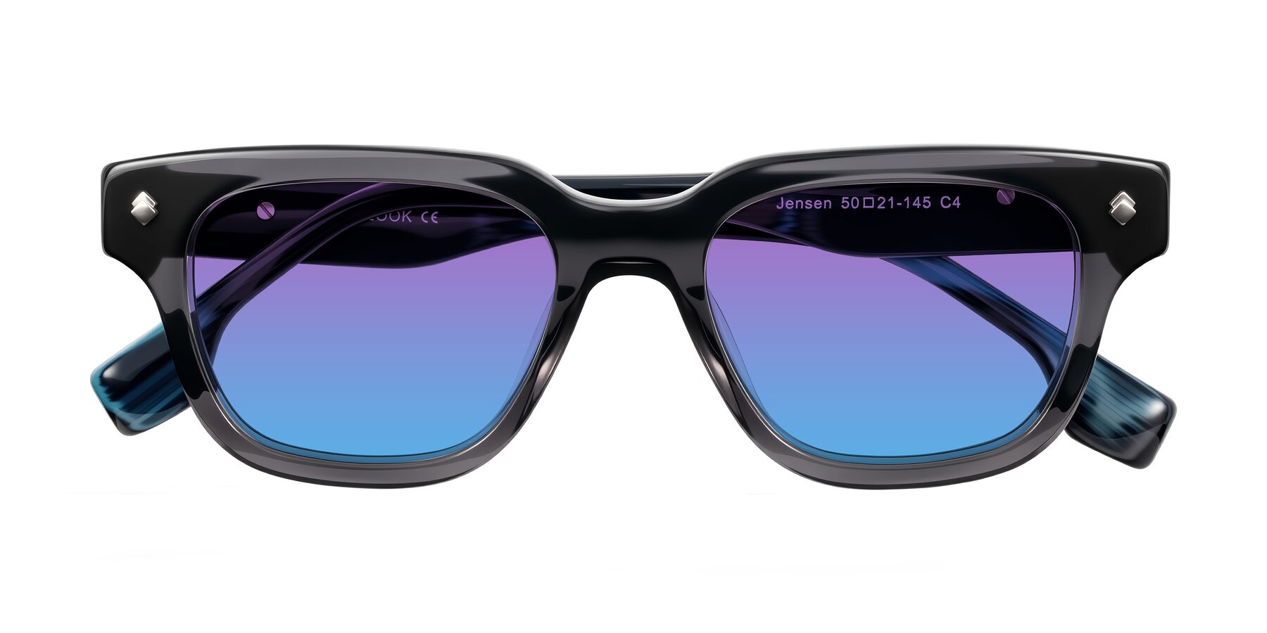 Folded Front of Jensen in Gray/Blue Striped with Purple / Blue Gradient Lenses
