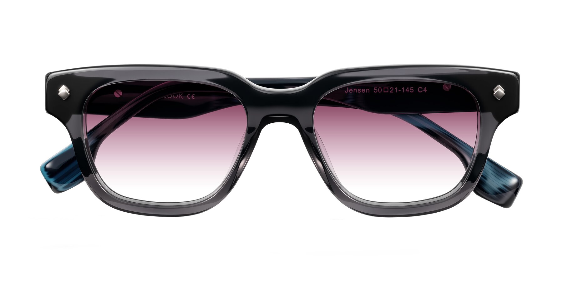 Folded Front of Jensen in Gray/Blue Striped with Wine Gradient Lenses