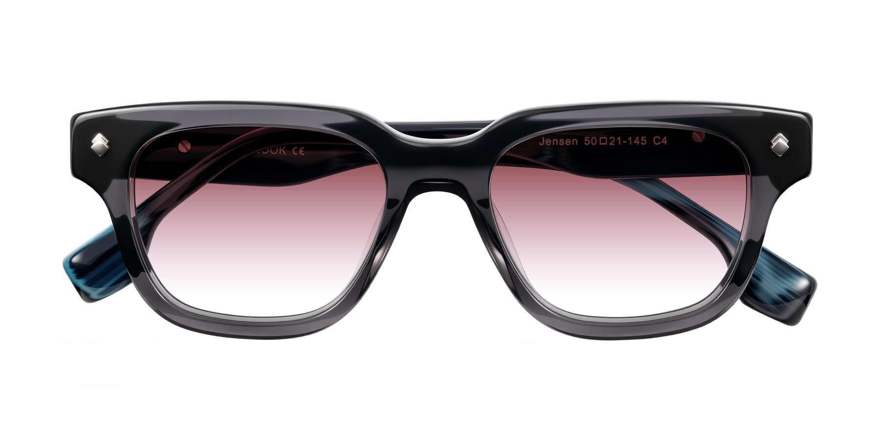 Folded Front of Jensen in Gray/Blue Striped with Garnet Gradient Lenses