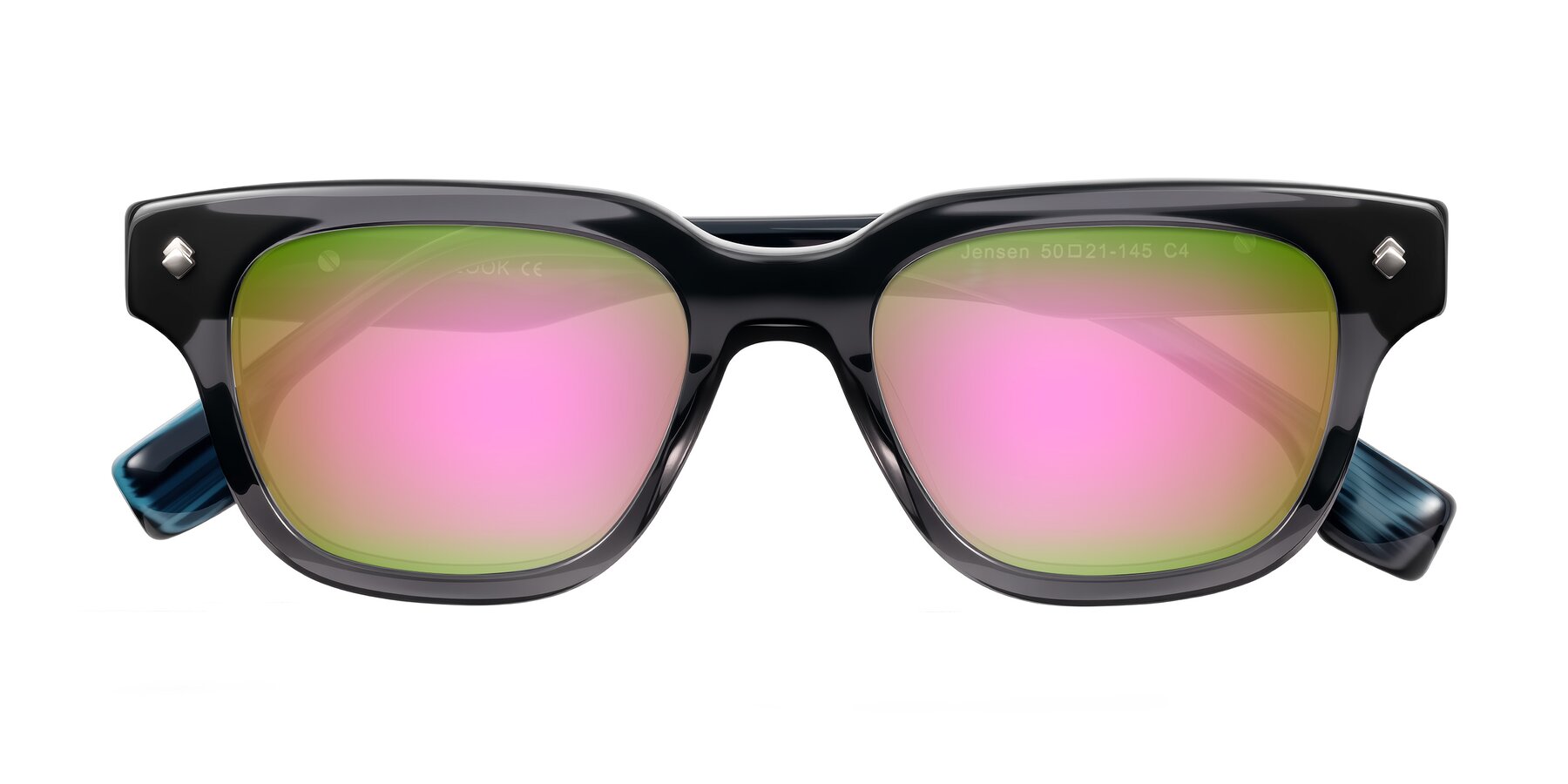 Folded Front of Jensen in Gray/Blue Striped with Pink Mirrored Lenses