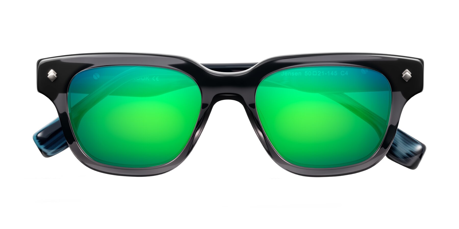 Folded Front of Jensen in Gray/Blue Striped with Green Mirrored Lenses