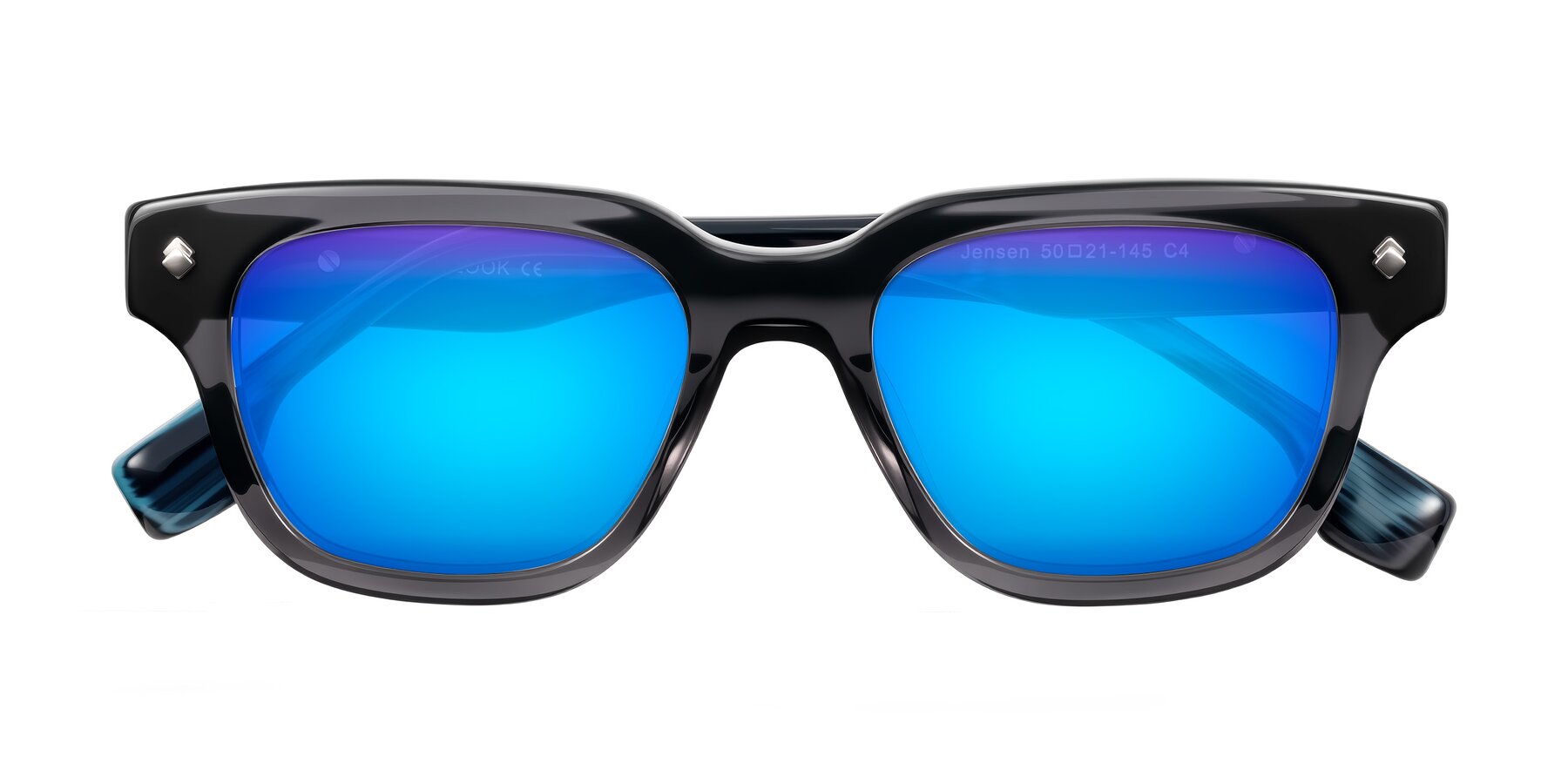 Folded Front of Jensen in Gray/Blue Striped with Blue Mirrored Lenses