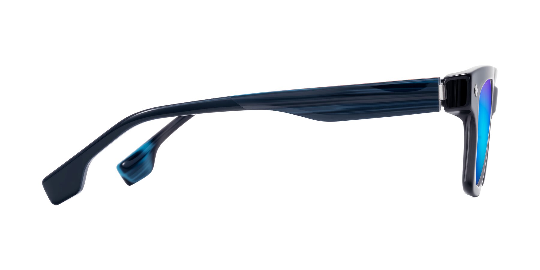 Side of Jensen in Gray/Blue Striped with Blue Mirrored Lenses