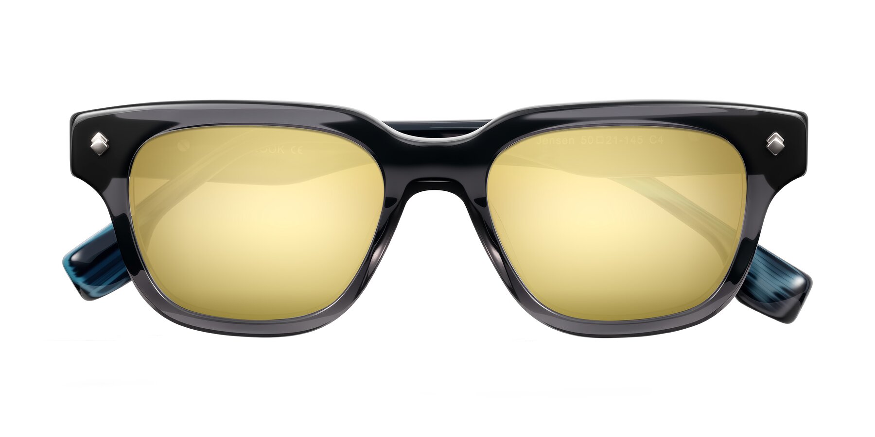 Folded Front of Jensen in Gray/Blue Striped with Gold Mirrored Lenses