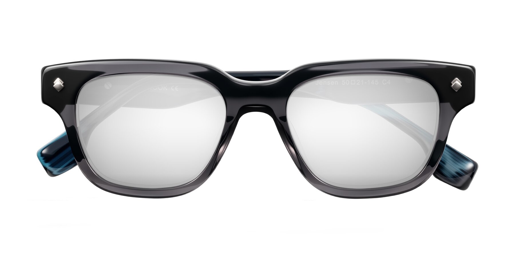 Folded Front of Jensen in Gray/Blue Striped with Silver Mirrored Lenses