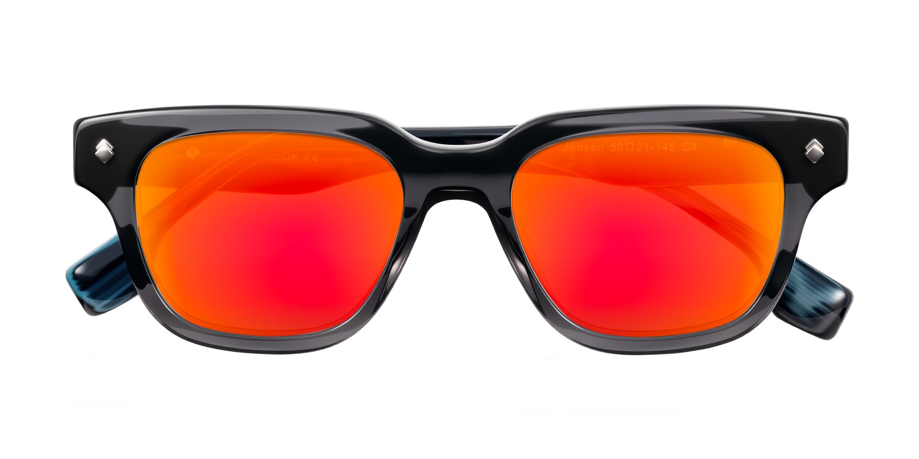 Folded Front of Jensen in Gray/Blue Striped with Red Gold Mirrored Lenses