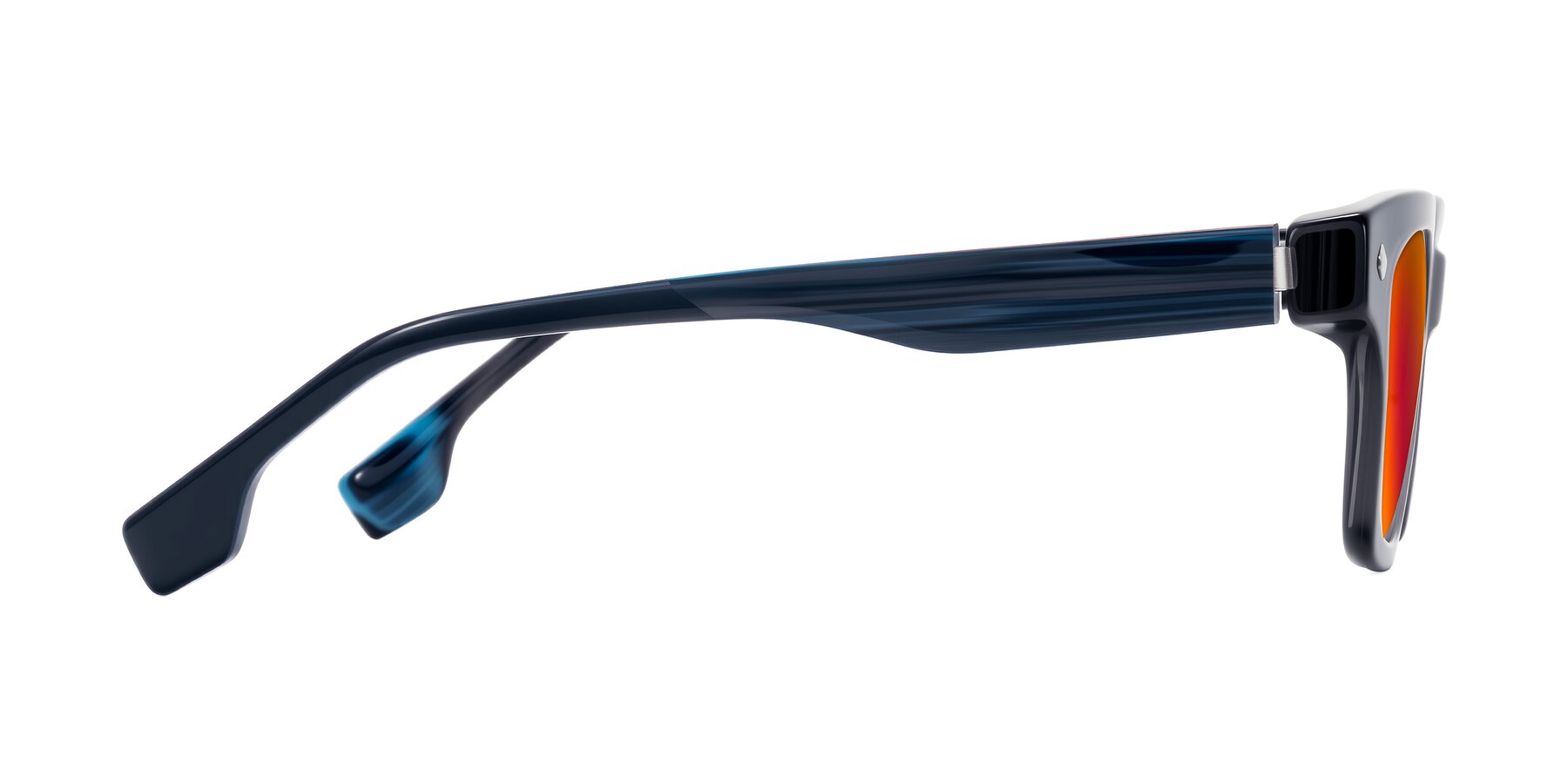 Side of Jensen in Gray/Blue Striped with Red Gold Mirrored Lenses