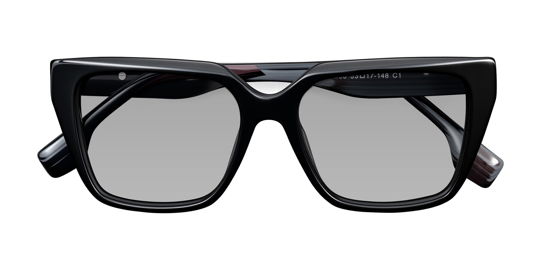 Folded Front of Gwee in Black/Gray Striped with Light Gray Tinted Lenses