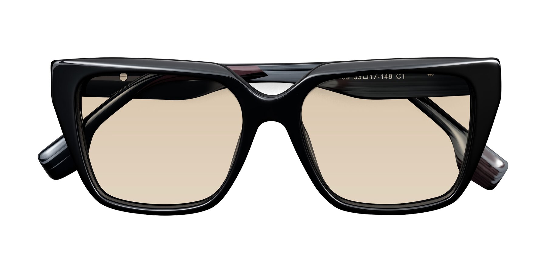 Folded Front of Gwee in Black/Gray Striped with Light Brown Tinted Lenses
