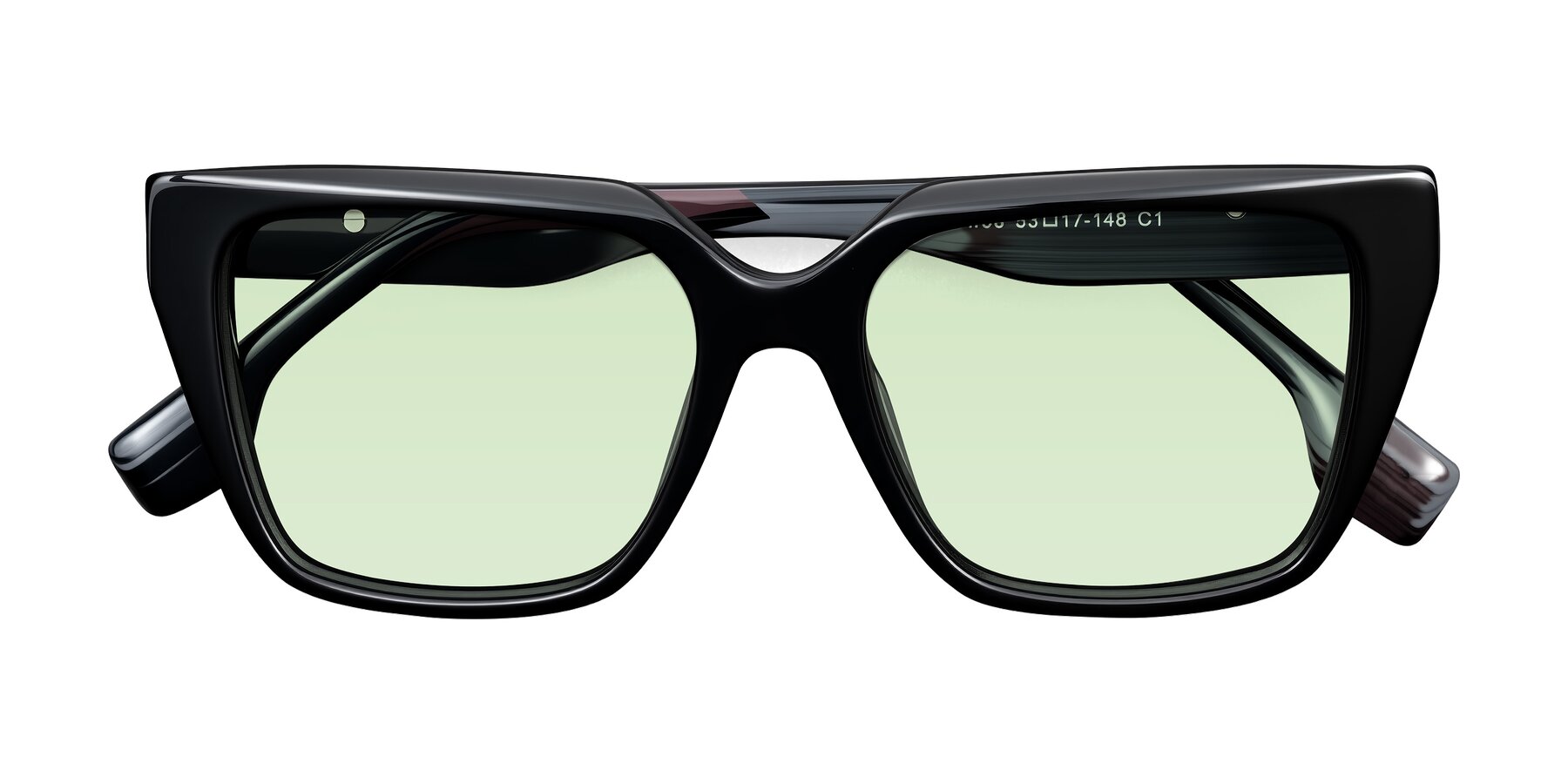 Folded Front of Gwee in Black/Gray Striped with Light Green Tinted Lenses
