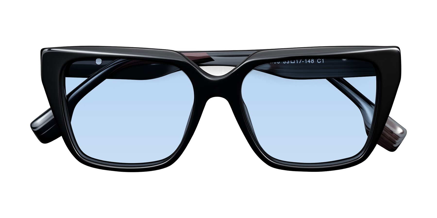 Folded Front of Gwee in Black/Gray Striped with Light Blue Tinted Lenses