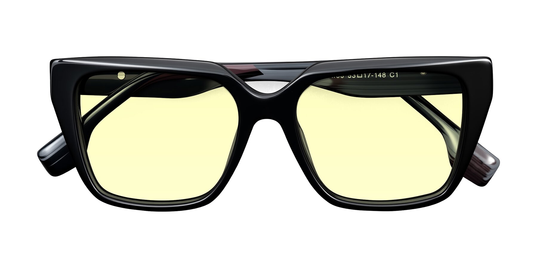 Folded Front of Gwee in Black/Gray Striped with Light Yellow Tinted Lenses
