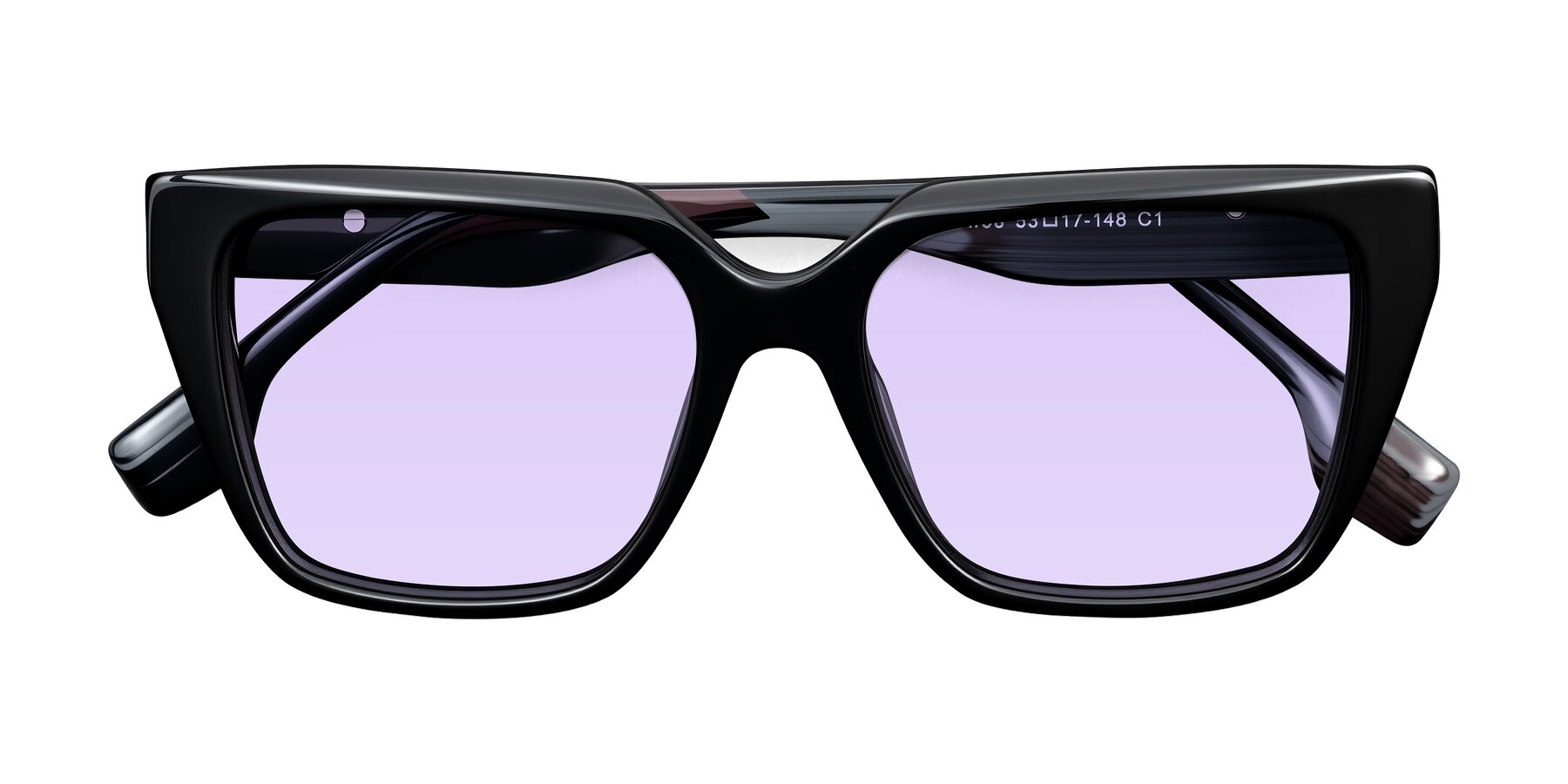 Folded Front of Gwee in Black/Gray Striped with Light Purple Tinted Lenses