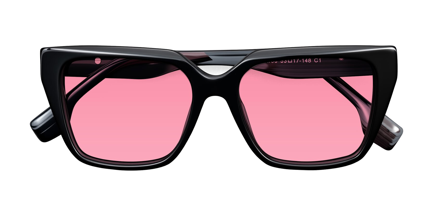 Folded Front of Gwee in Black/Gray Striped with Pink Tinted Lenses