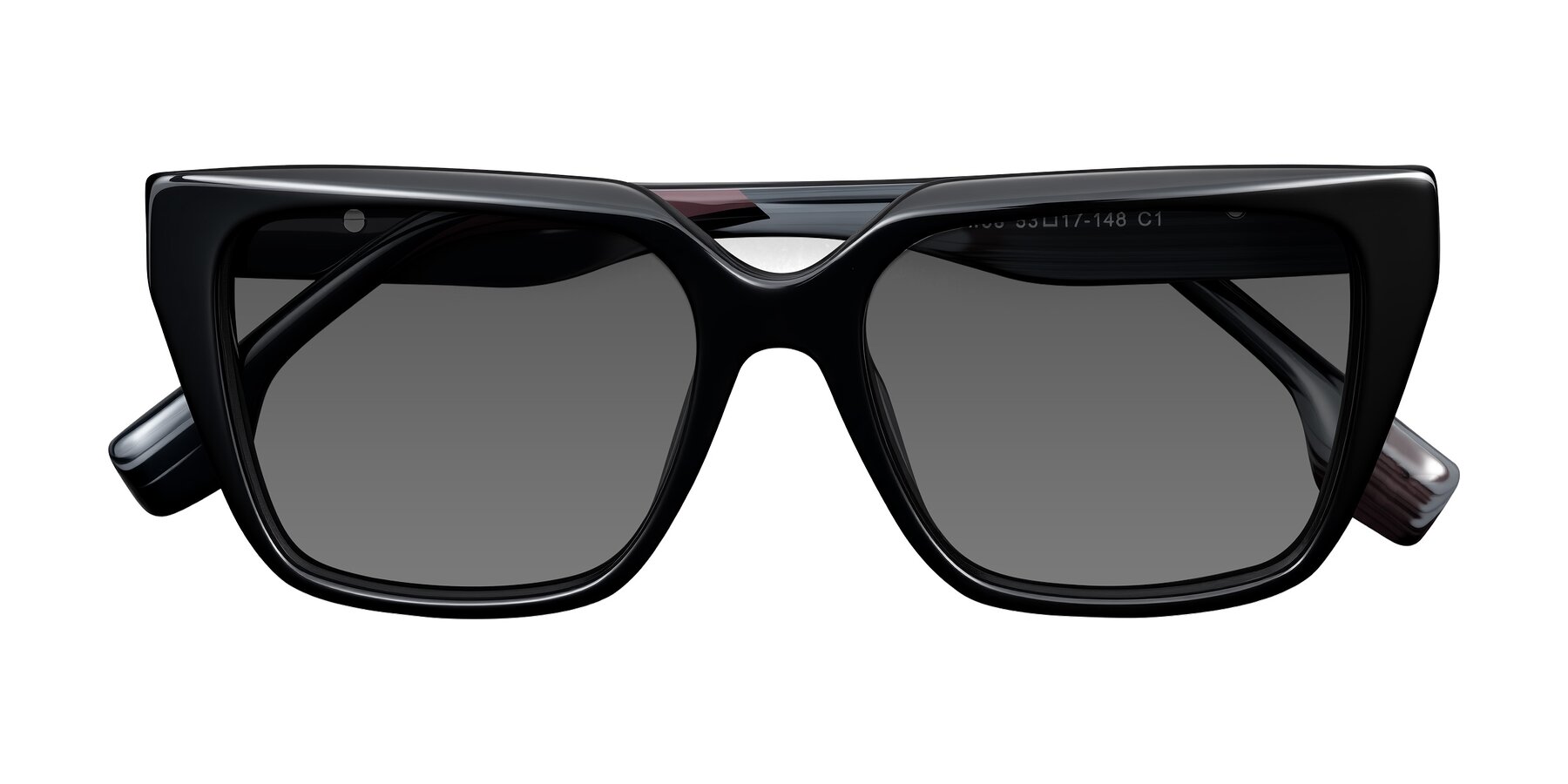 Folded Front of Gwee in Black/Gray Striped with Medium Gray Tinted Lenses