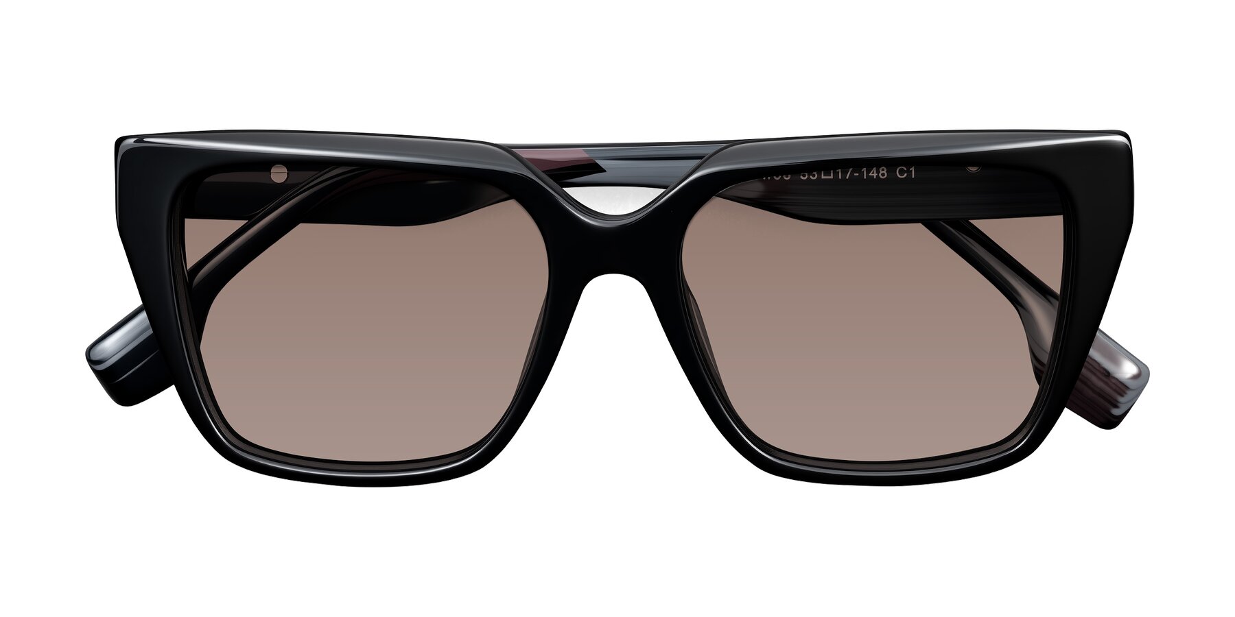 Folded Front of Gwee in Black/Gray Striped with Medium Brown Tinted Lenses
