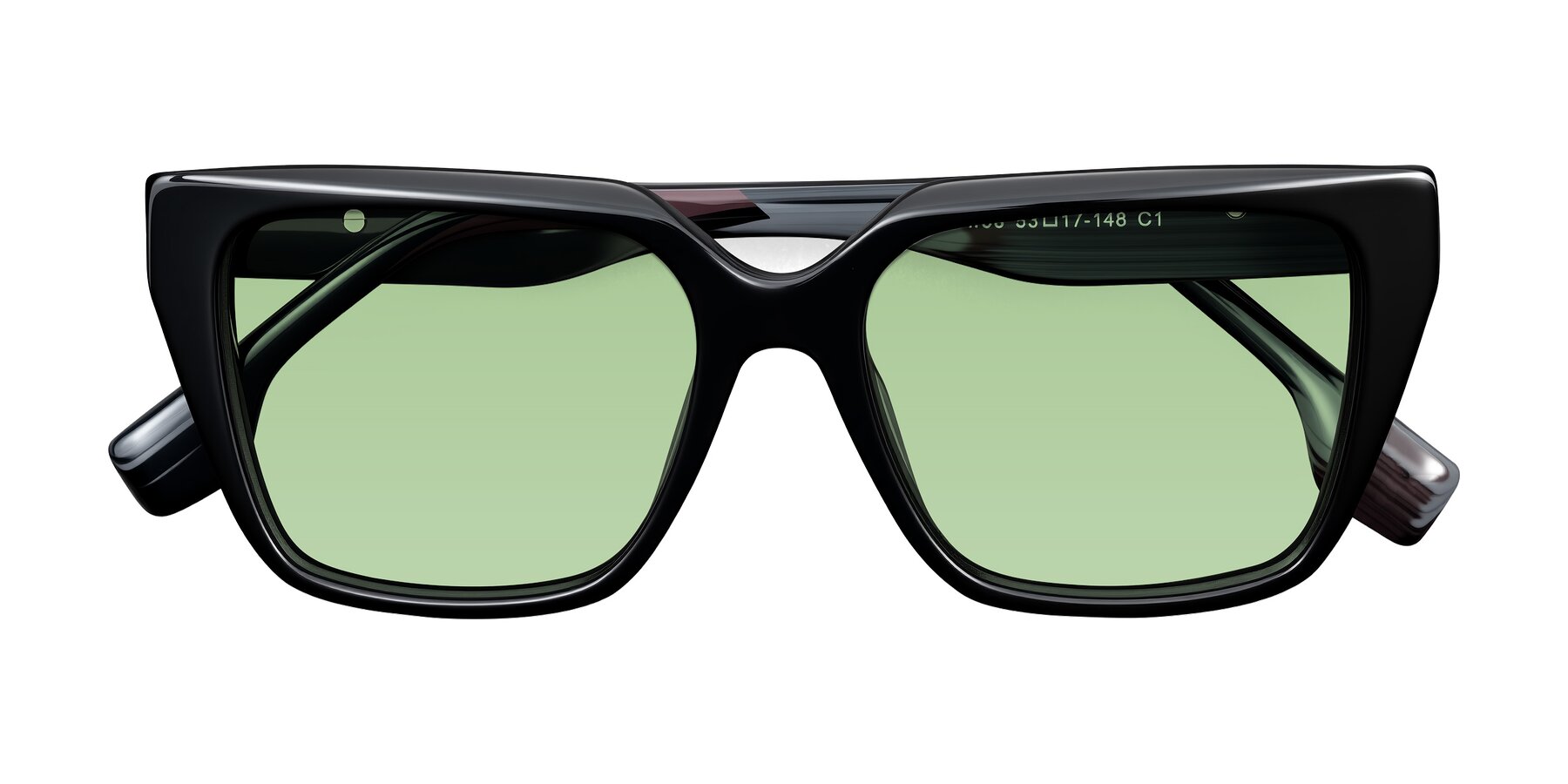 Folded Front of Gwee in Black/Gray Striped with Medium Green Tinted Lenses
