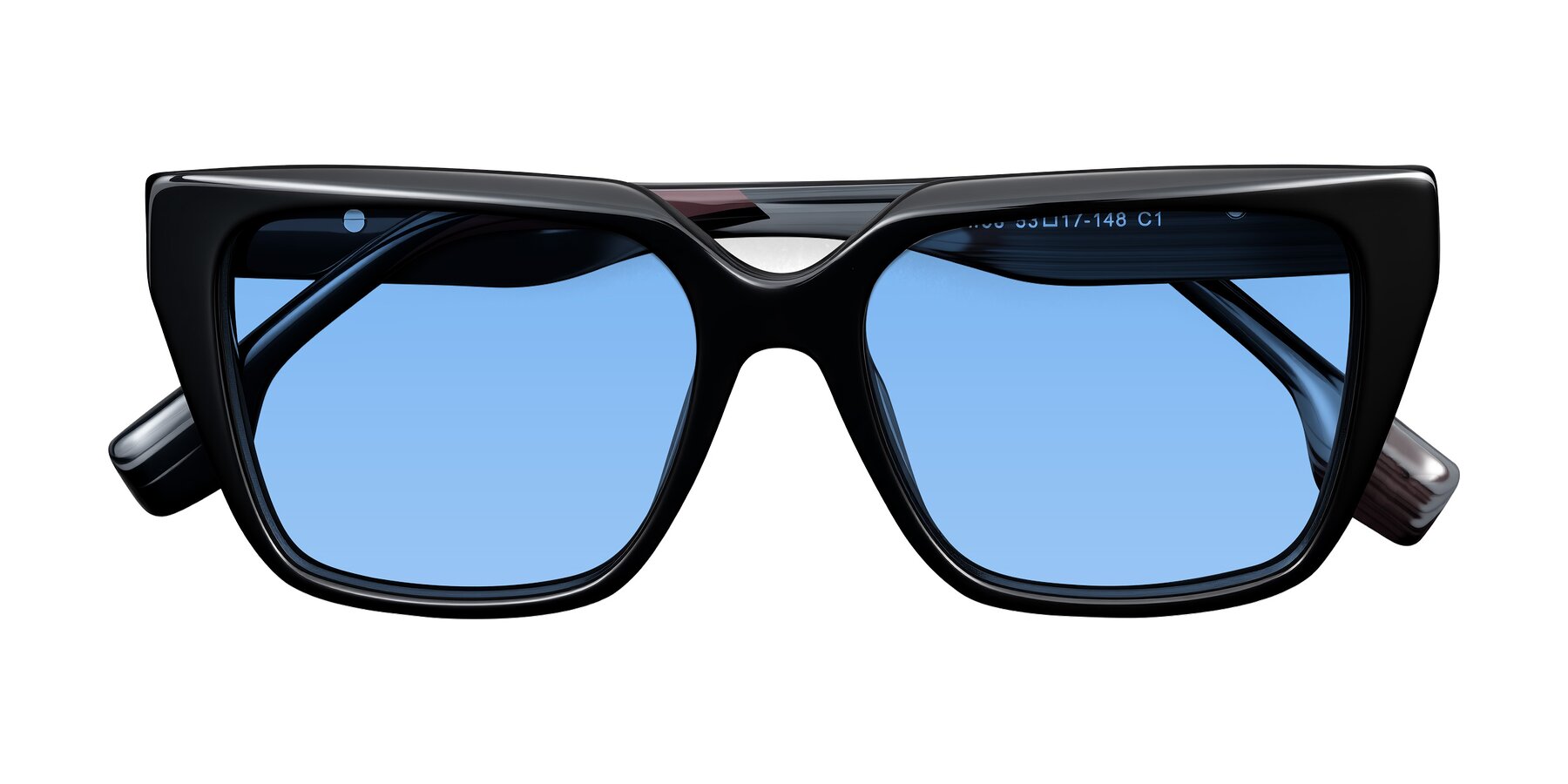 Folded Front of Gwee in Black/Gray Striped with Medium Blue Tinted Lenses