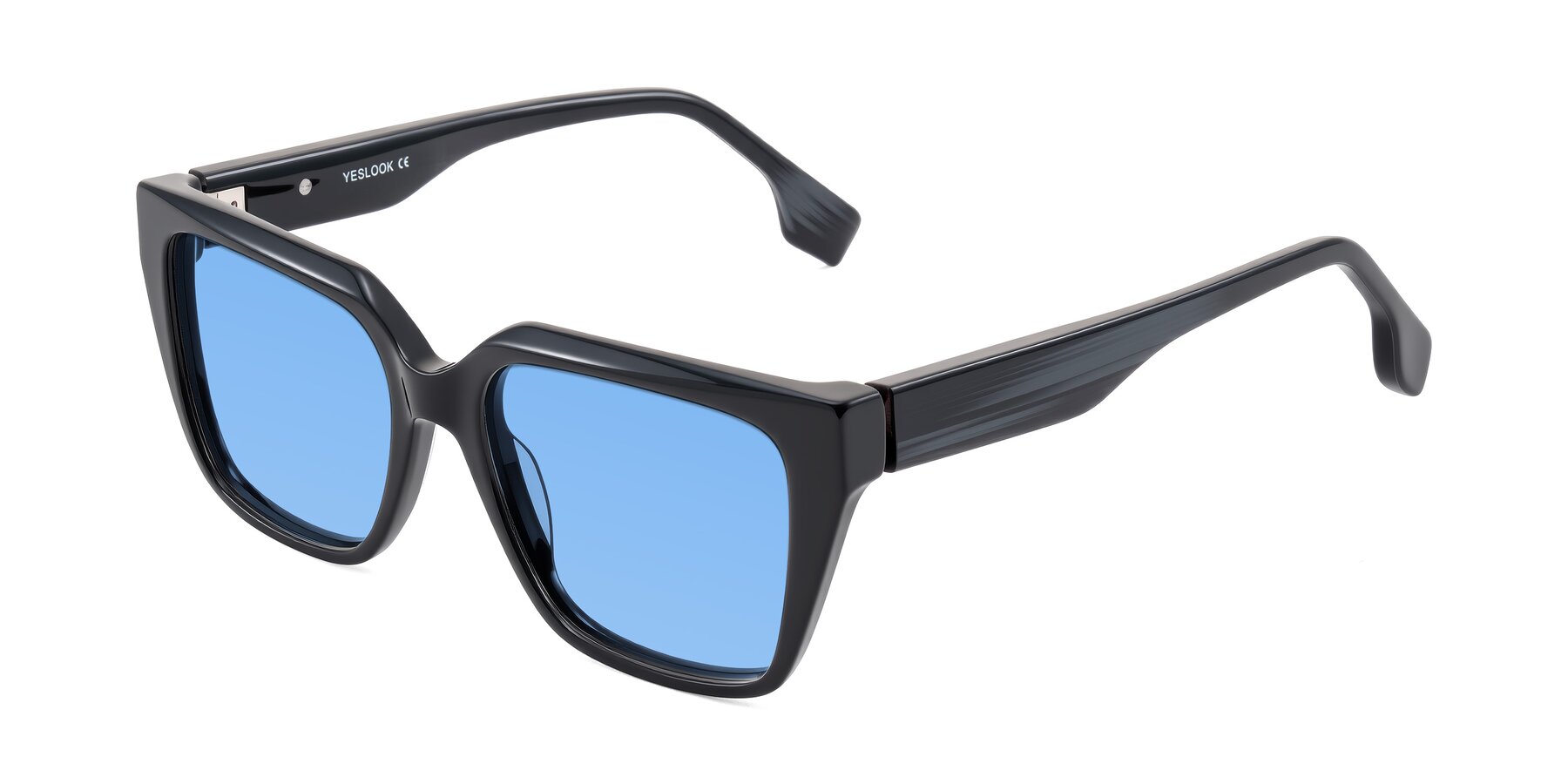 Angle of Gwee in Black/Gray Striped with Medium Blue Tinted Lenses