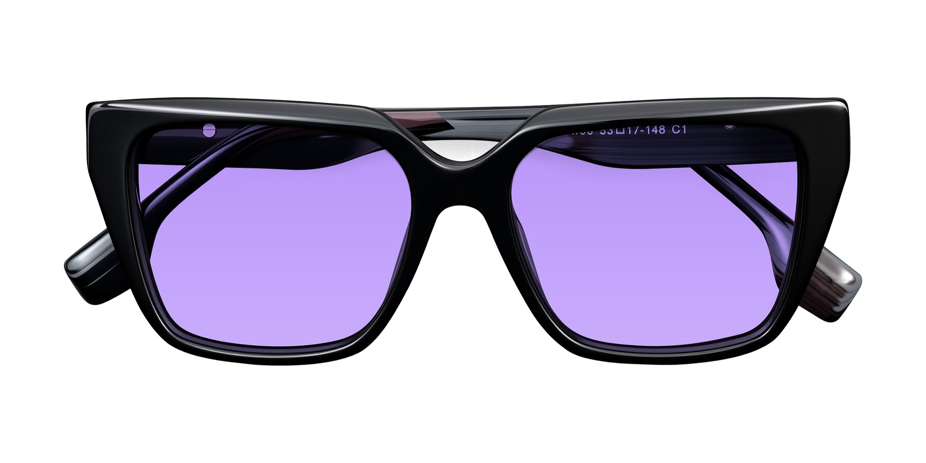 Folded Front of Gwee in Black/Gray Striped with Medium Purple Tinted Lenses