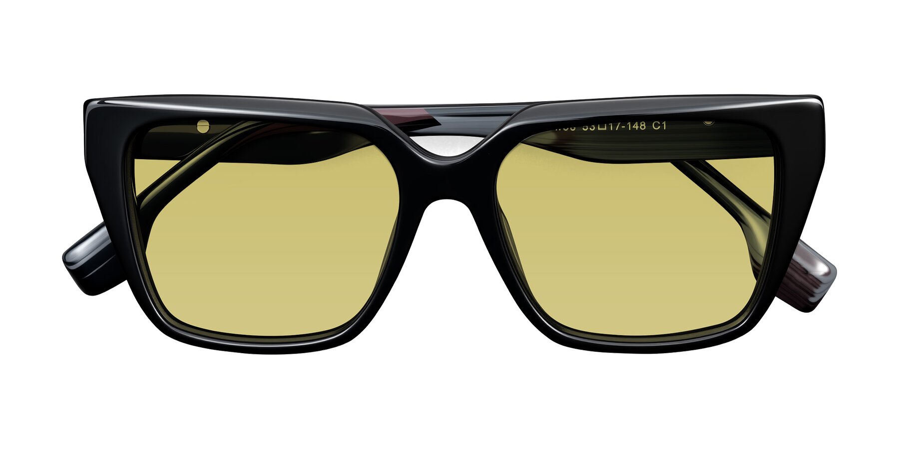 Folded Front of Gwee in Black/Gray Striped with Medium Champagne Tinted Lenses