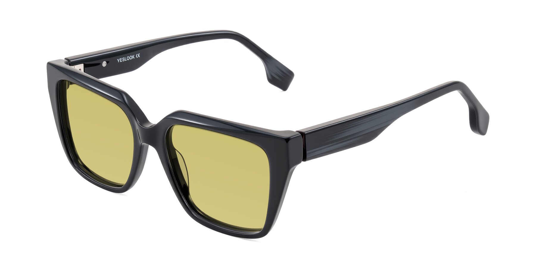 Angle of Gwee in Black/Gray Striped with Medium Champagne Tinted Lenses