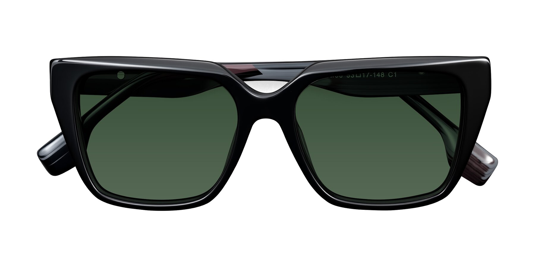 Folded Front of Gwee in Black/Gray Striped with Green Tinted Lenses